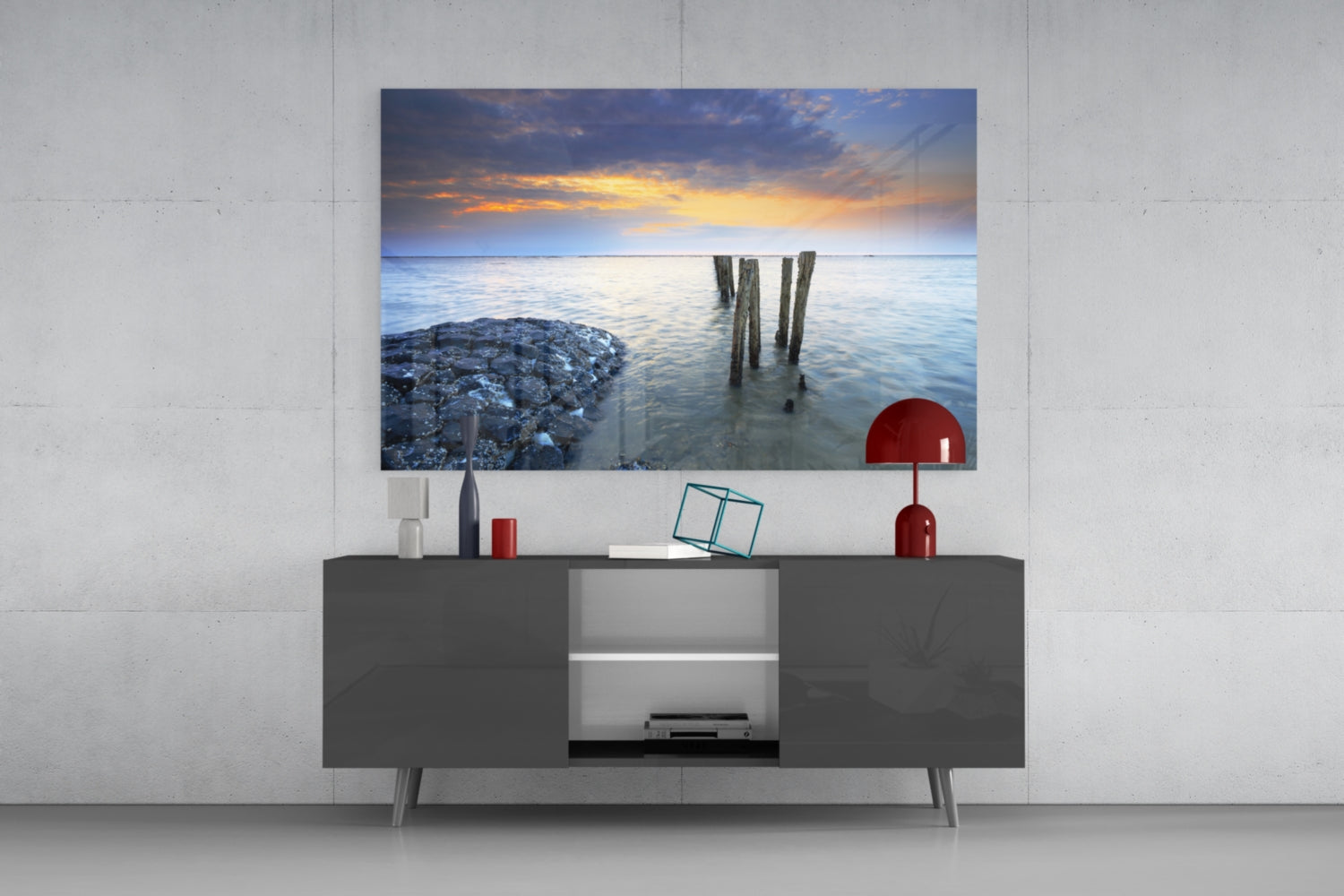 Weathered Pier Posts Calm Sea Landscape Glass Wall Art