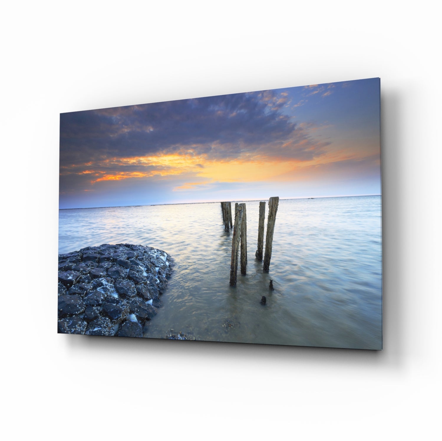 Weathered Pier Posts Calm Sea Landscape Glass Wall Art