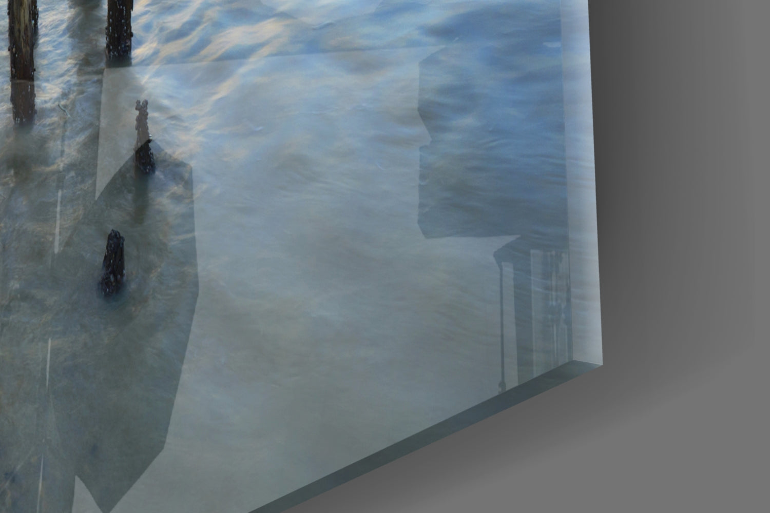 Weathered Pier Posts Calm Sea Landscape Glass Wall Art