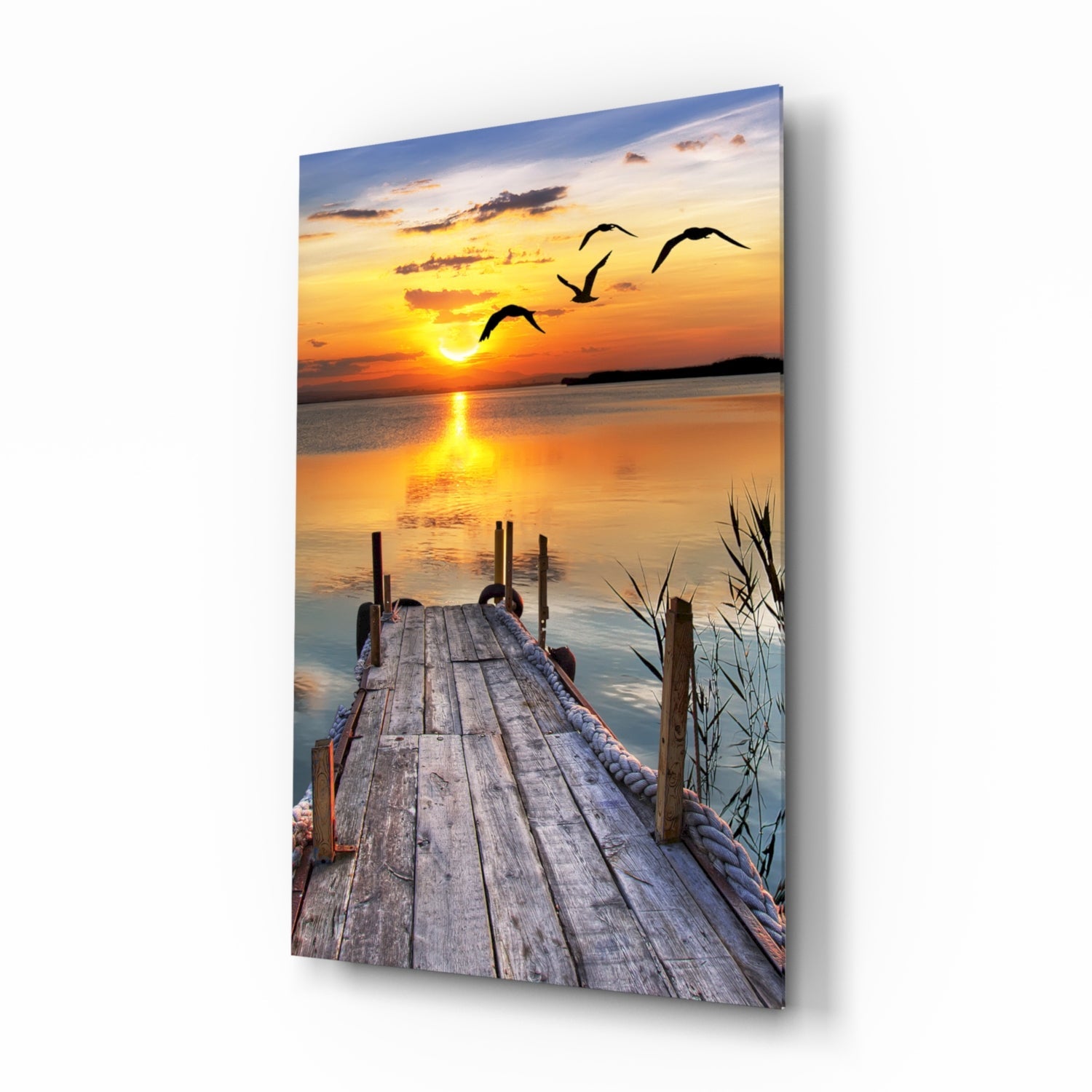 Golden Sun and Seagulls Over Dock Glass Wall Art