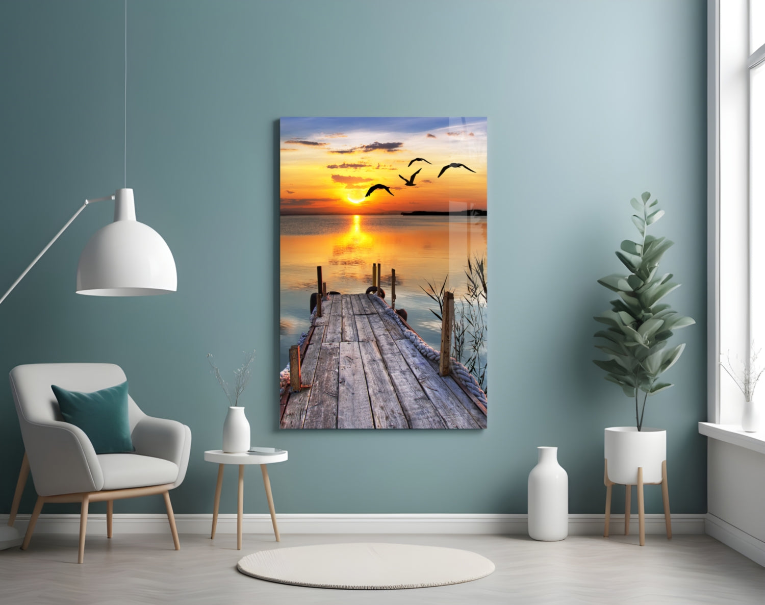 Golden Sun and Seagulls Over Dock Glass Wall Art