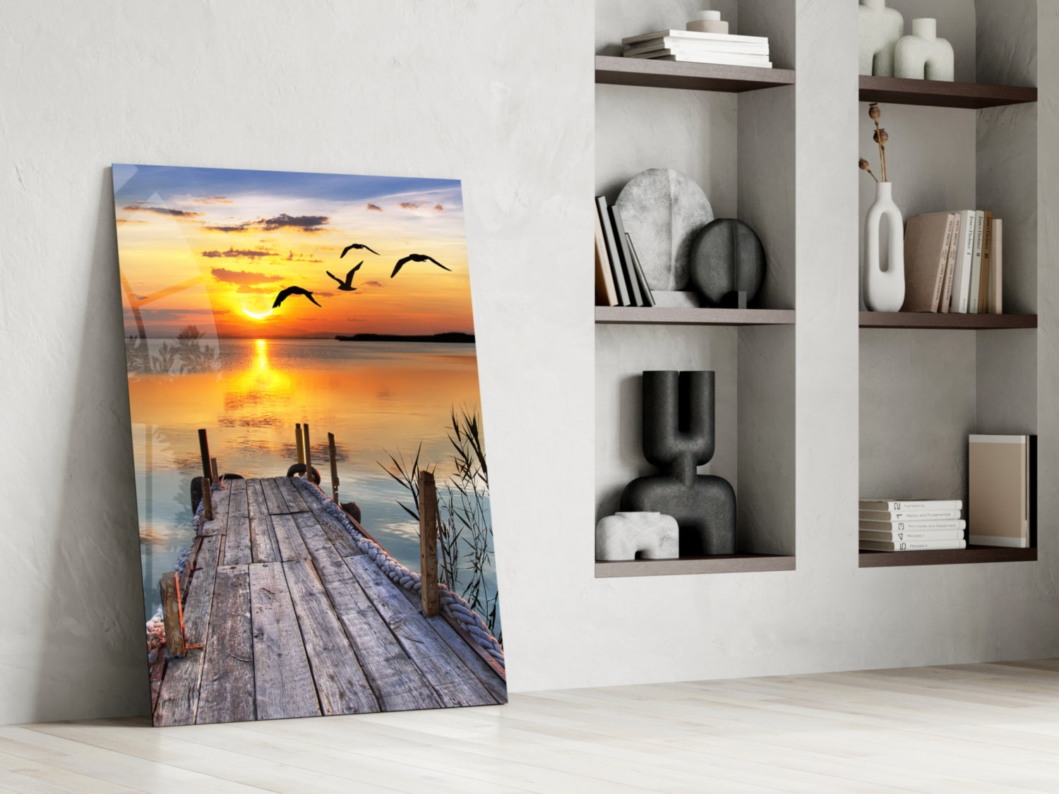 Golden Sun and Seagulls Over Dock Glass Wall Art
