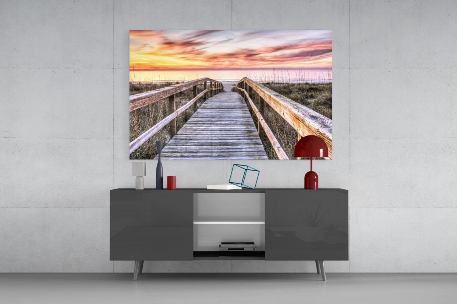 Beach Boardwalk Through Dunes Pink Sky Glass Wall Art