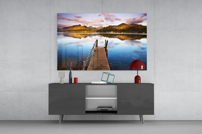 Wooden Jetty Into Still Lake Glass Wall Art