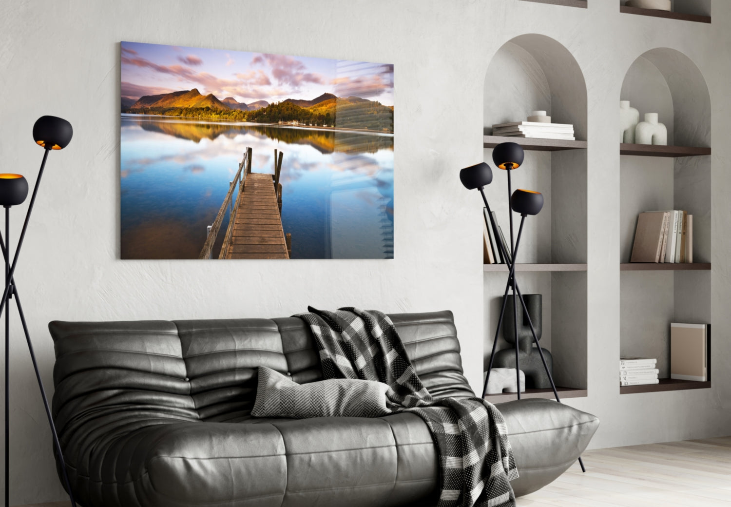 Wooden Jetty Into Still Lake Glass Wall Art