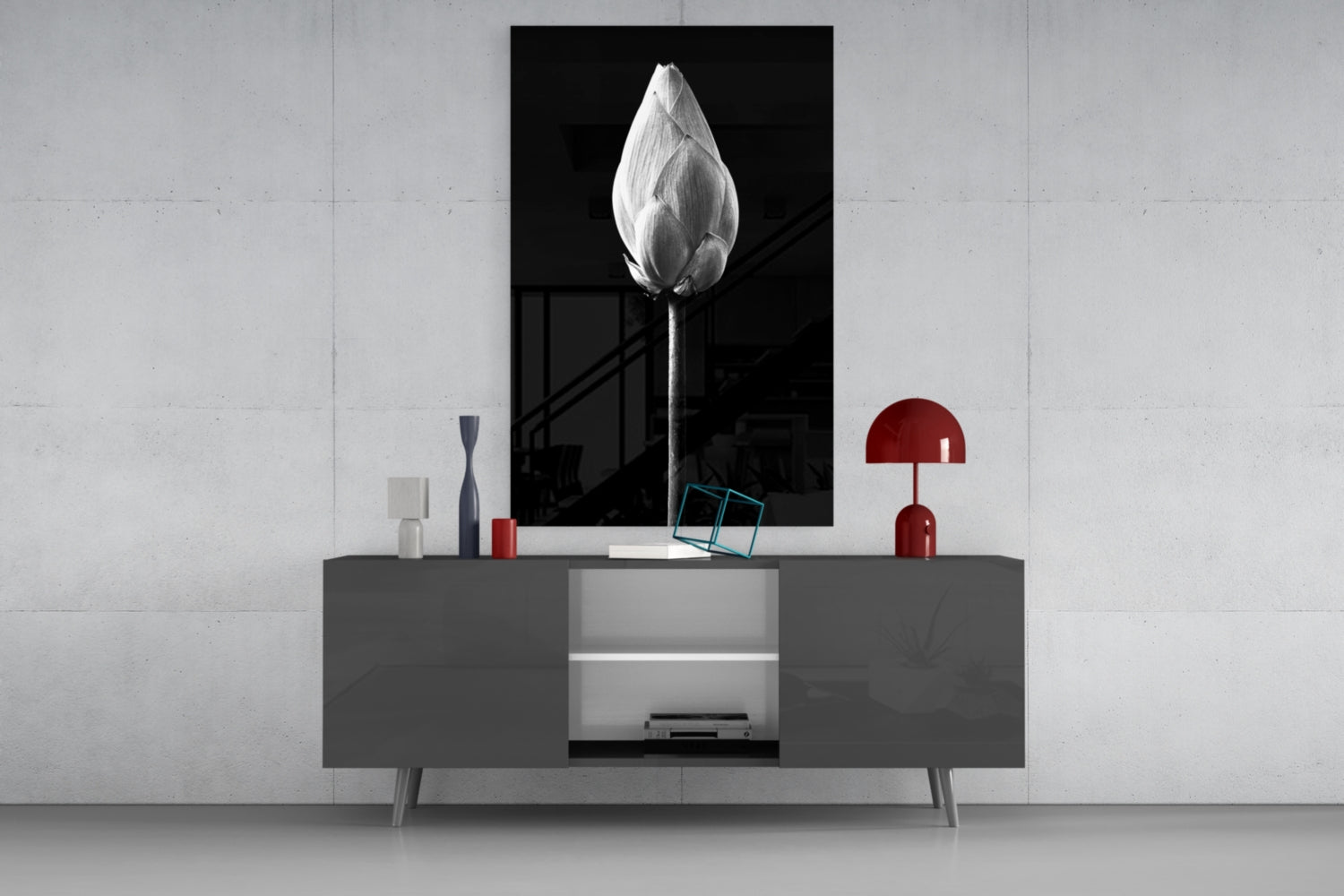Monochrome Lotus Bud Glass Wall Art