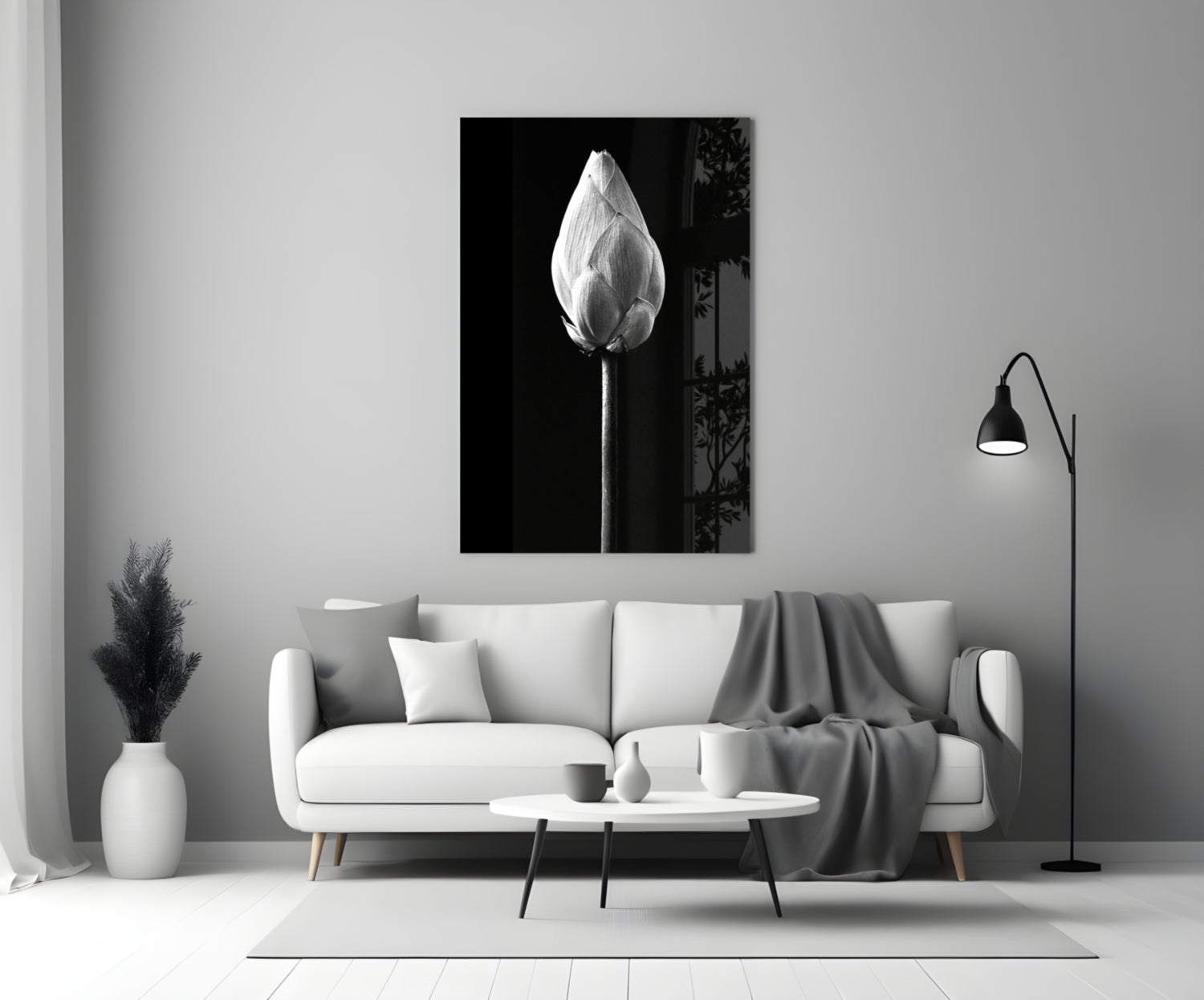 Monochrome Lotus Bud Glass Wall Art