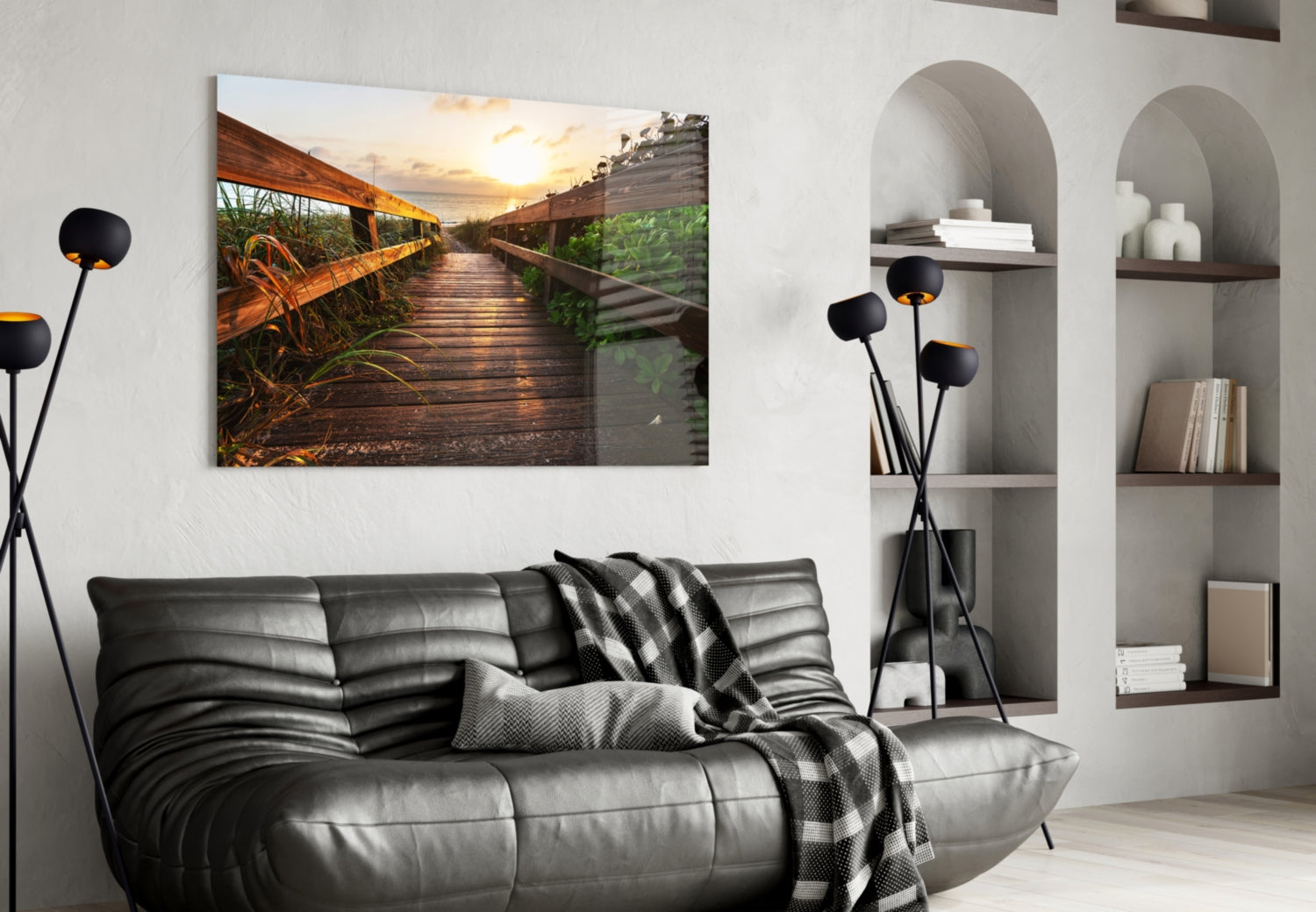 Beach Boardwalk Path Sunset Glass Wall Art