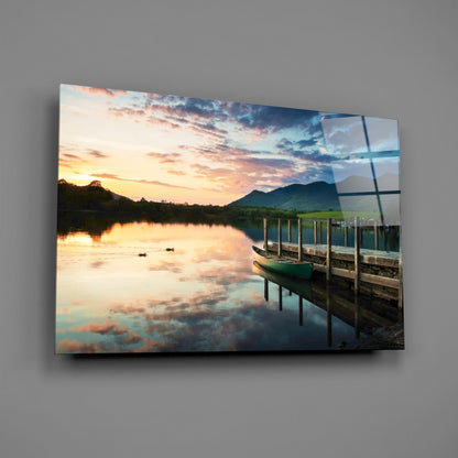 Green Canoe At Dusk Lake Dock Glass Wall Art