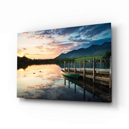 Green Canoe At Dusk Lake Dock Glass Wall Art
