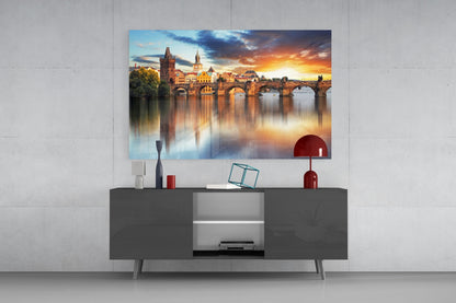 Stone Arch Bridge Prague Sunrise Glass Wall Art