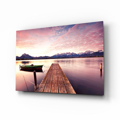Pink Sky Lake Pier Boat Glass Wall Art