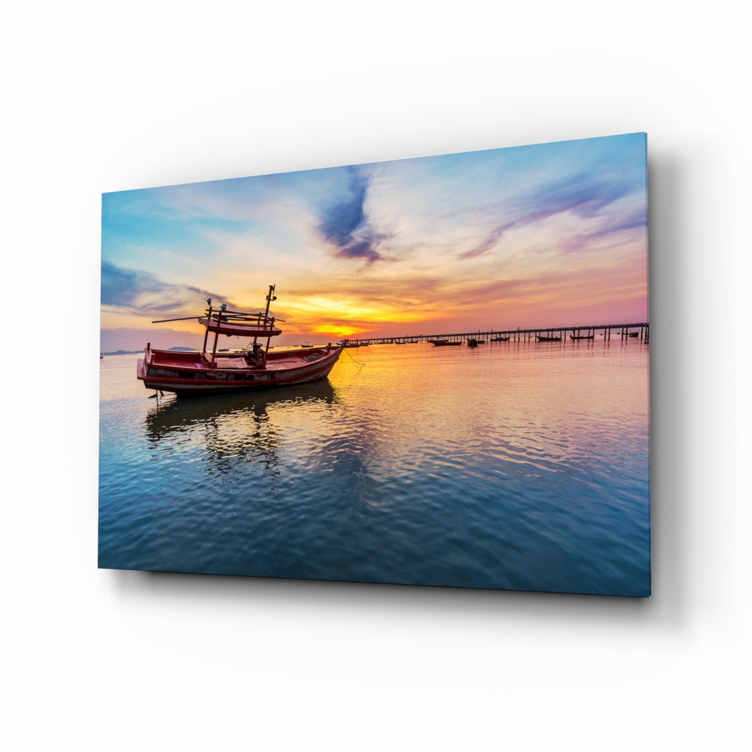 Fishing Boat Pastel Sunset Bay Glass Wall Art