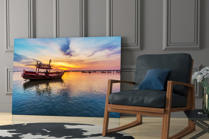 Fishing Boat Pastel Sunset Bay Glass Wall Art