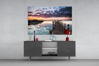 Wooden Jetty Dusk Clouds Glass Wall Art