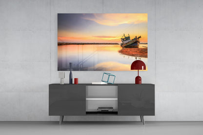 Ship On The Beach Glass Wall Art