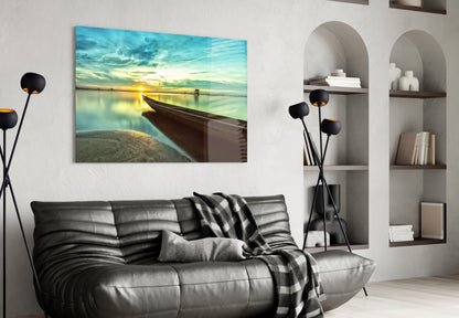 Kayak on the Beach and Sunset Glass Wall Art