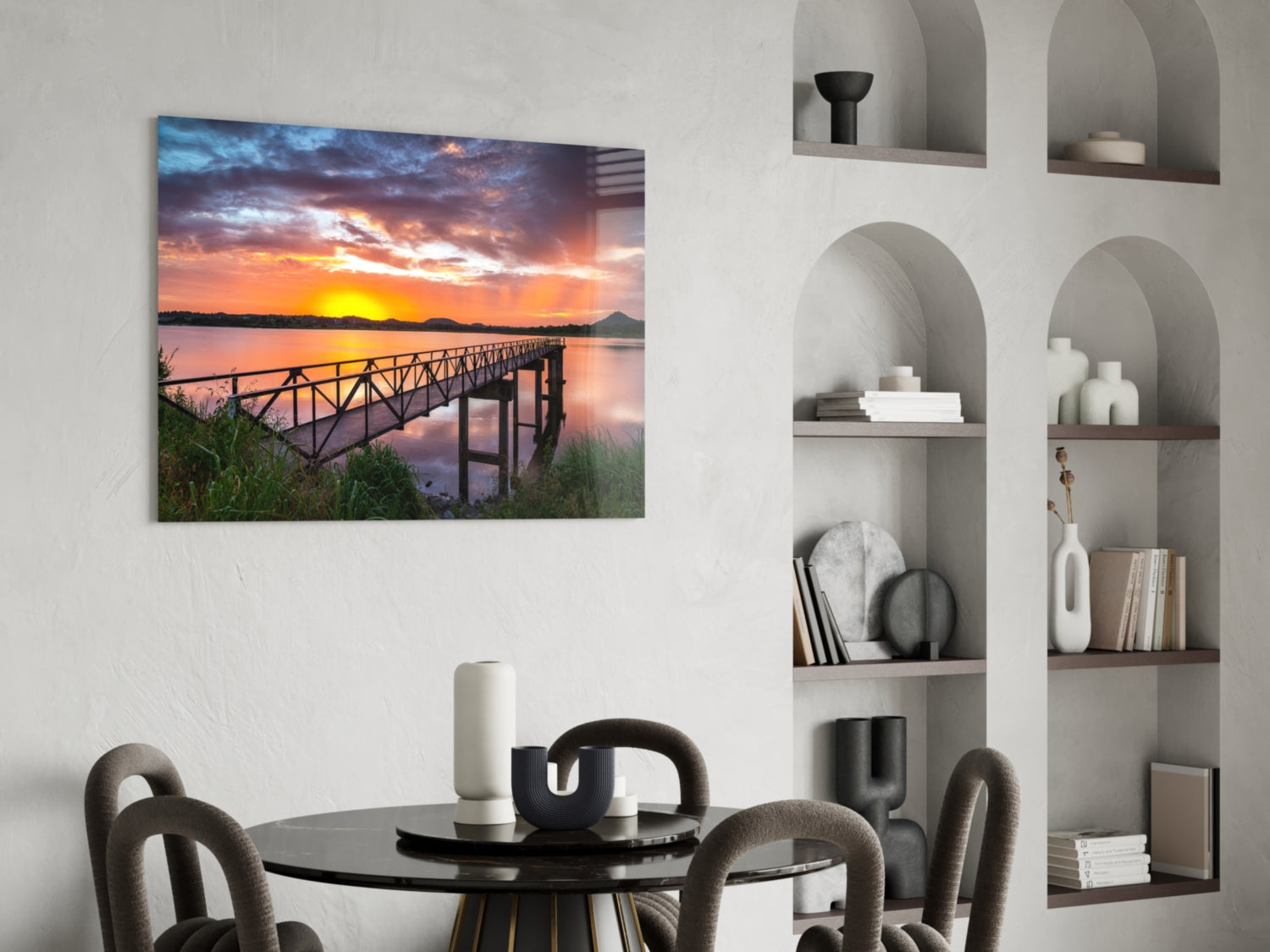 Fiery Sunset Lake Bridge Glass Wall Art