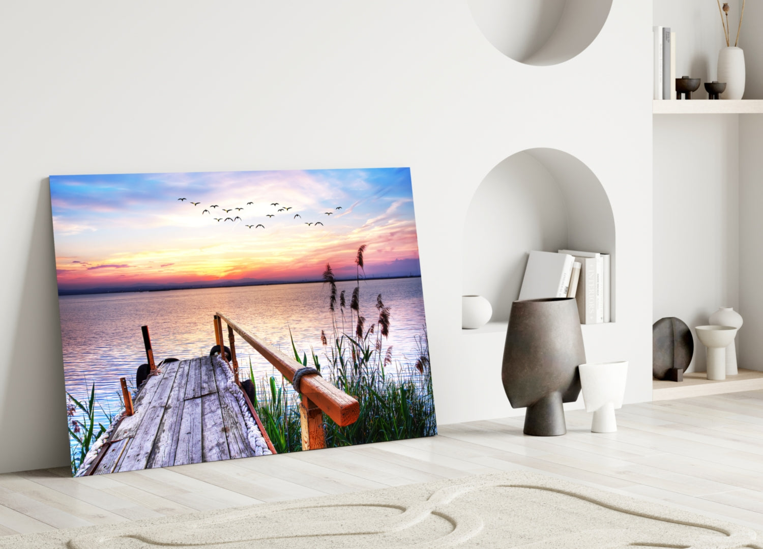 Pastel Sunset Reeds Rustic Dock Glass Wall Art