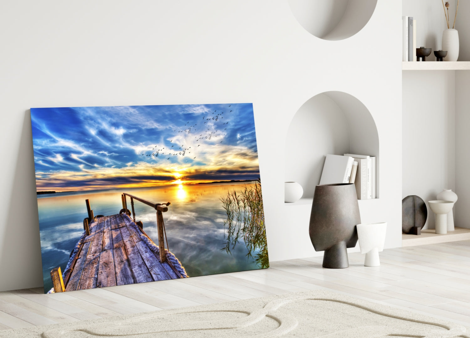 Vivid Blue Sky Sunset Dock Glass Wall Art