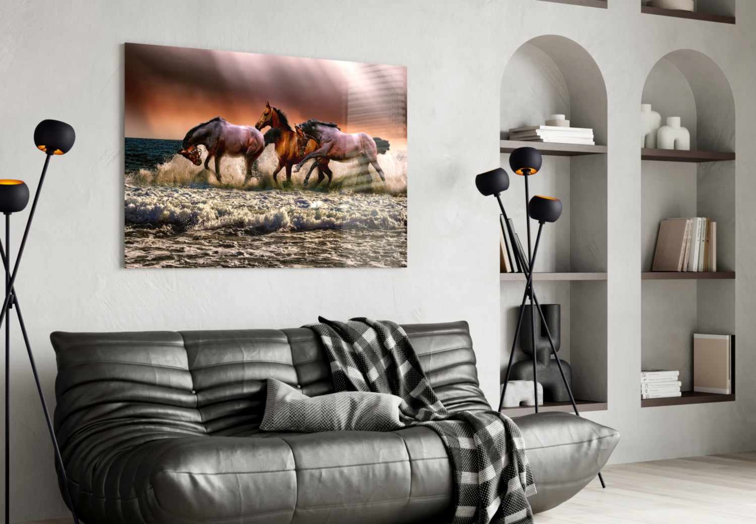 Chestnut Horses Galloping in Surf Glass Wall Art