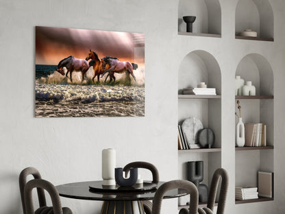 Chestnut Horses Galloping in Surf Glass Wall Art