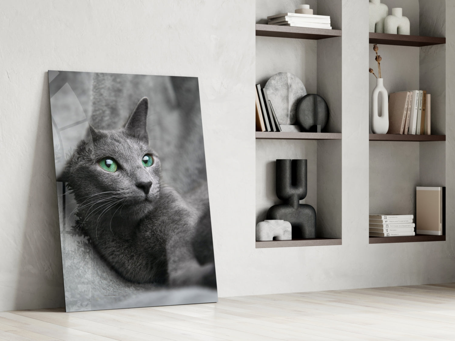 Green Eyed Gray Cat Glass Wall Art