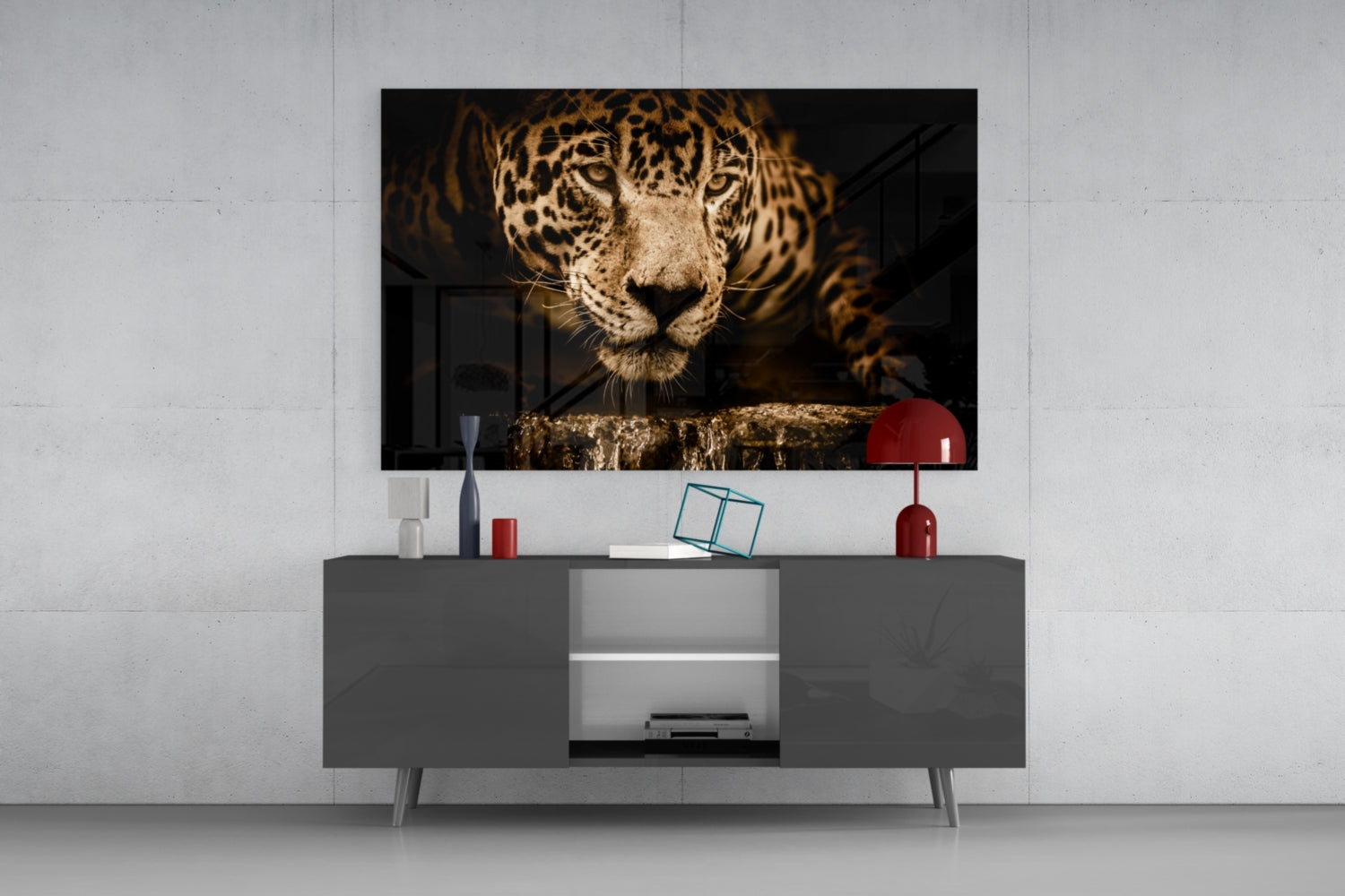 Golden Leopard At Waterhole Glass Wall Art