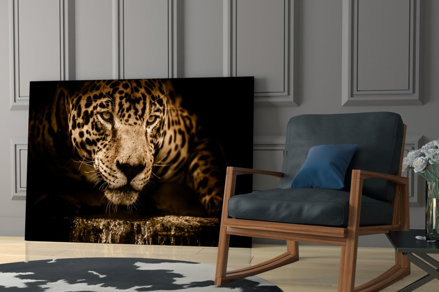 Golden Leopard At Waterhole Glass Wall Art