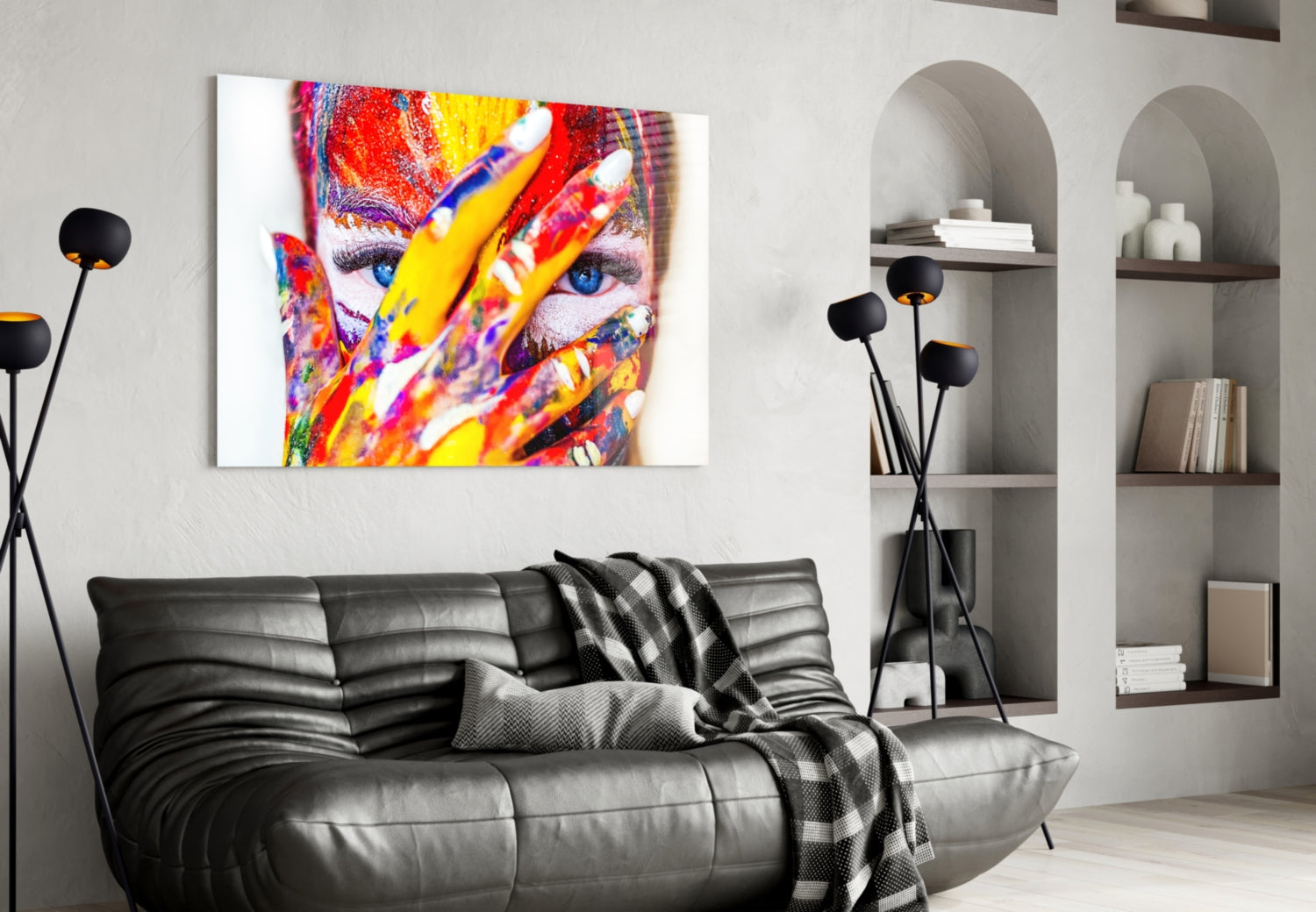 Rainbow Paint Covered Face Glass Wall Art