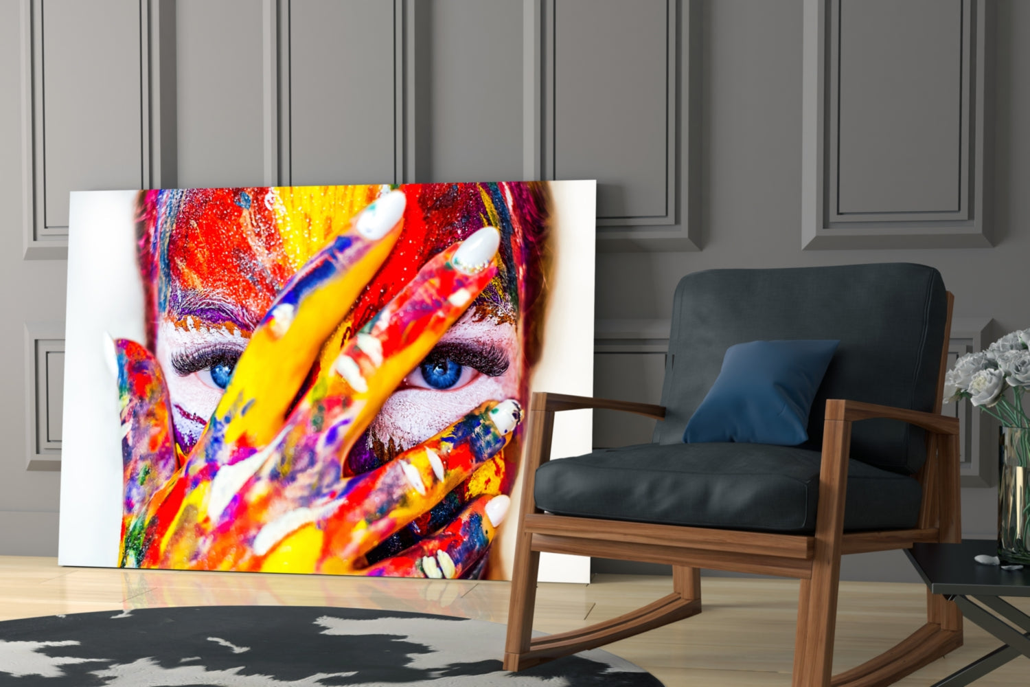 Rainbow Paint Covered Face Glass Wall Art