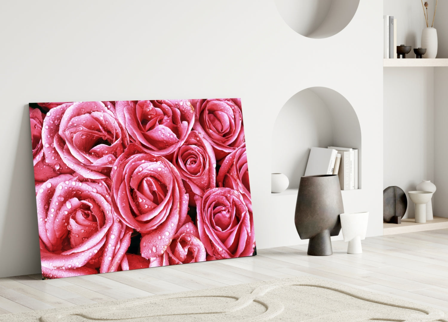 Dewy Pink Rose Bouquet Closeup Glass Wall Art