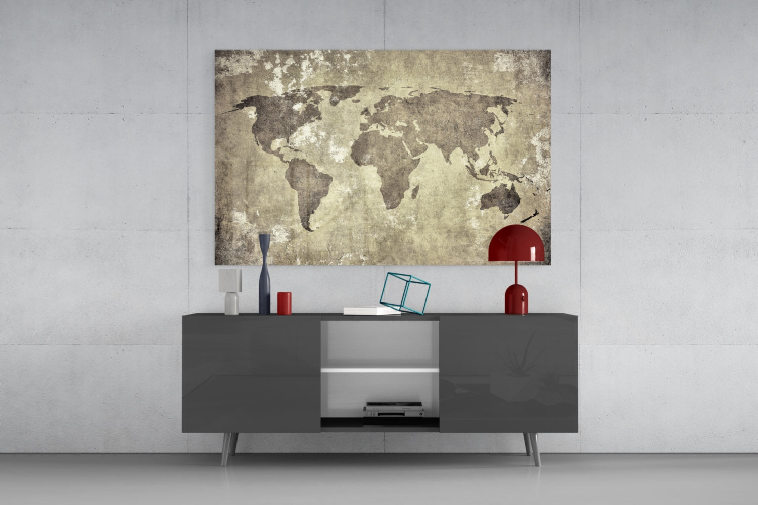 Vintage Distressed Beige World Map Glass Wall Art