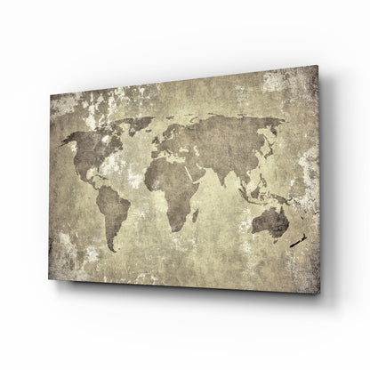 Vintage Distressed Beige World Map Glass Wall Art
