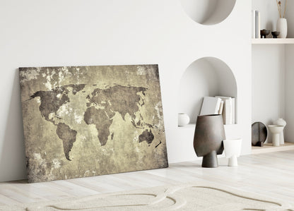 Vintage Distressed Beige World Map Glass Wall Art
