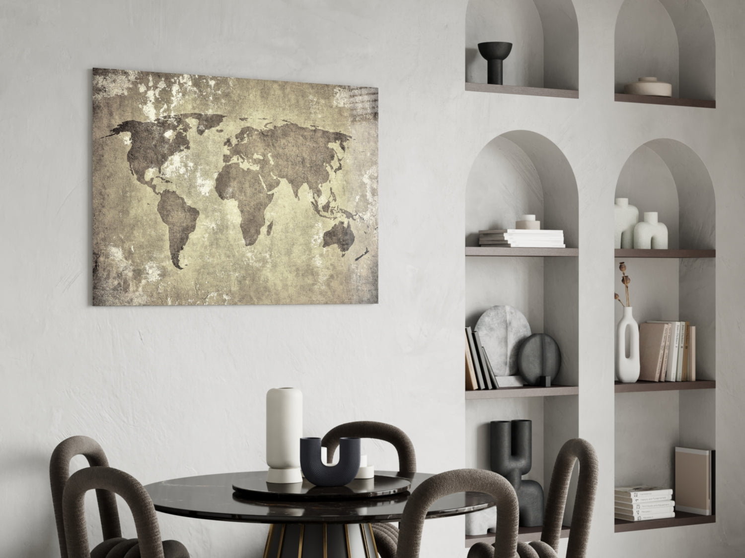 Vintage Distressed Beige World Map Glass Wall Art