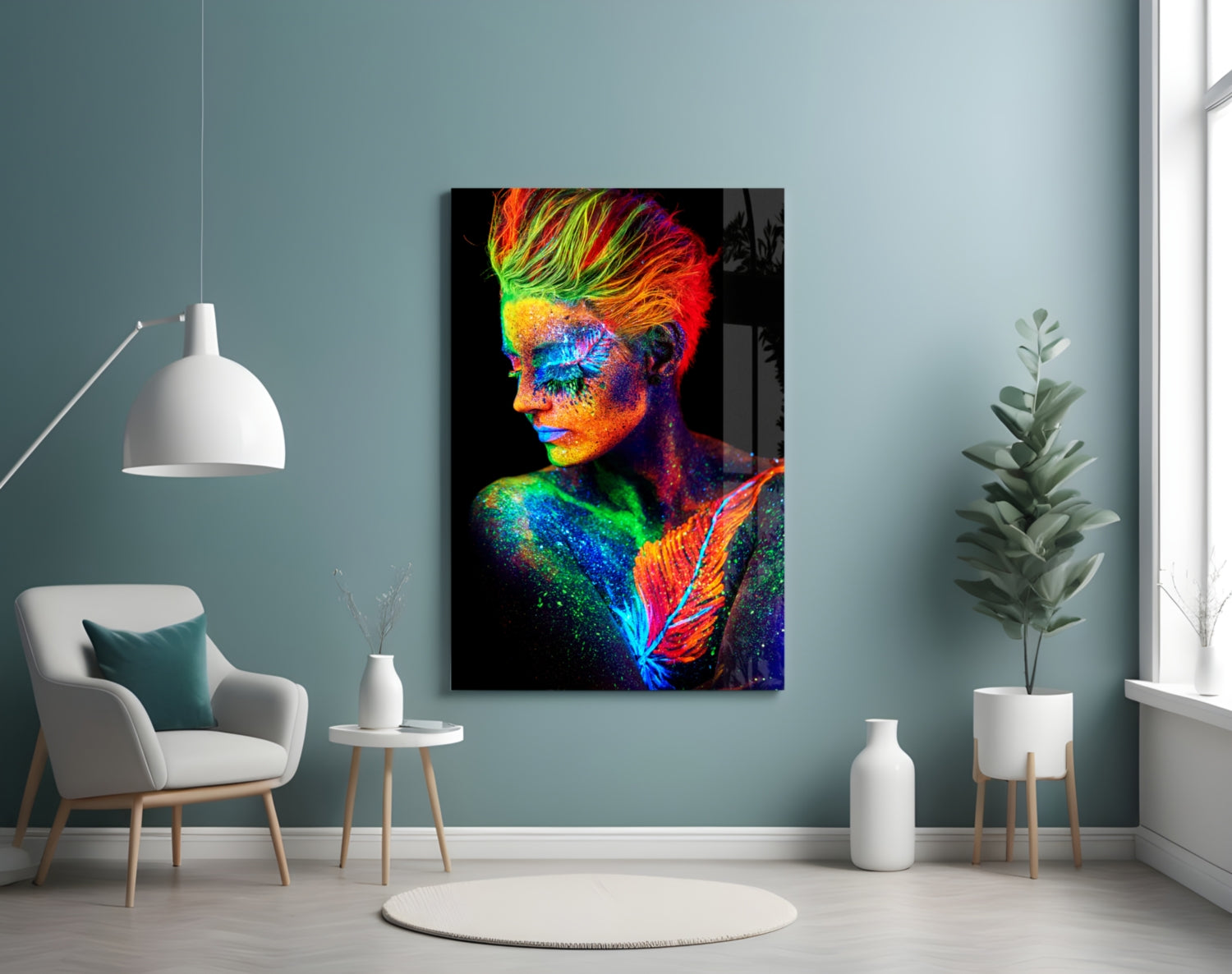 Neon Mohawk Feather Woman Glass Wall Art