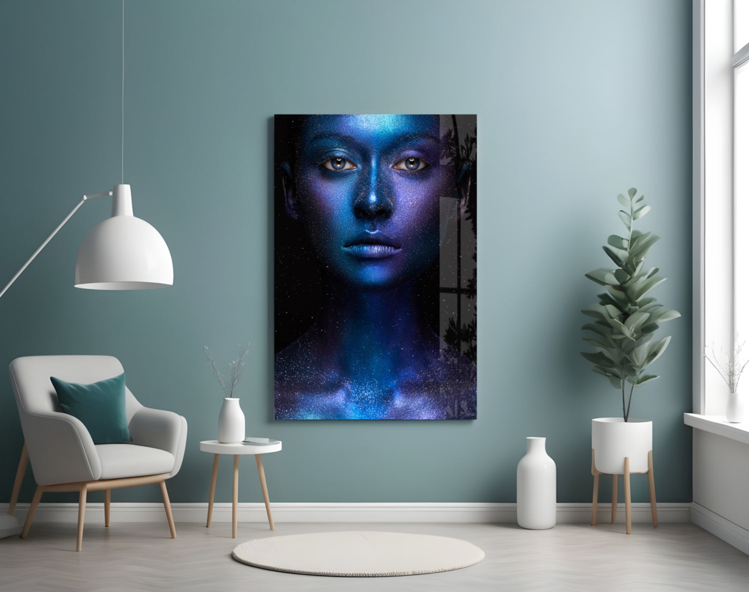 Cosmic Blue Glitter Face Glass Wall Art