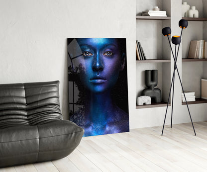 Cosmic Blue Glitter Face Glass Wall Art