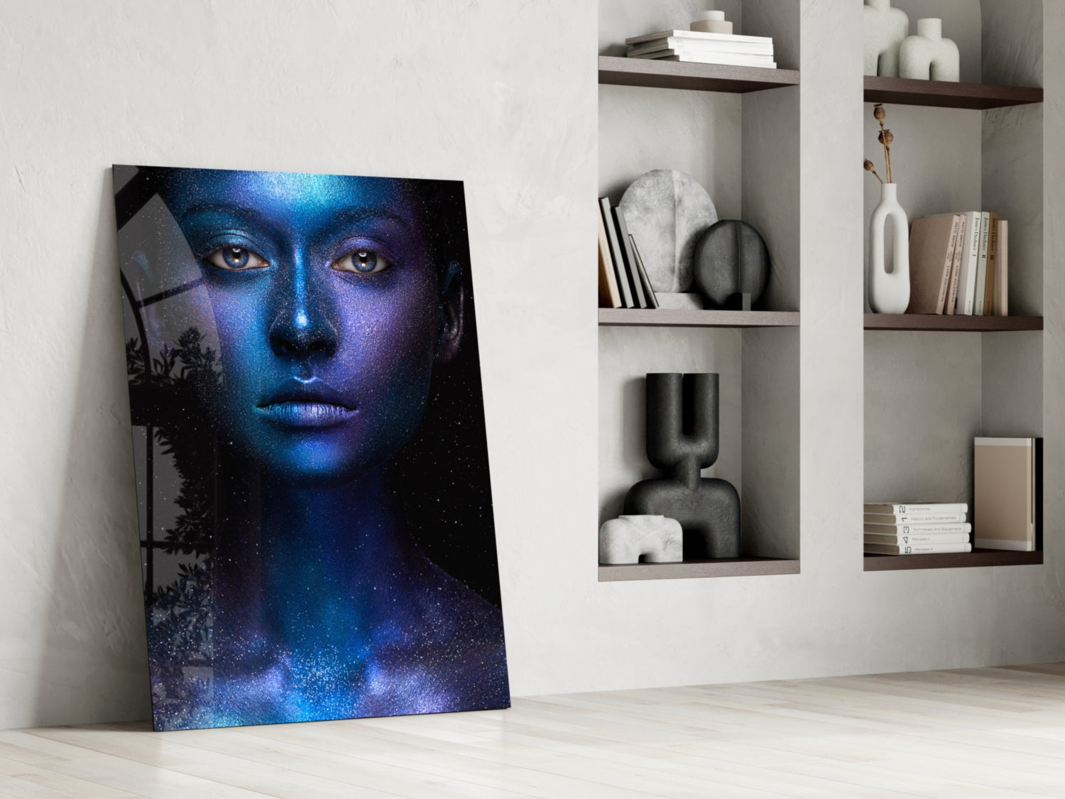 Cosmic Blue Glitter Face Glass Wall Art