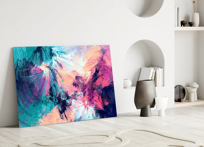 Teal Pink Feathered Splash Glass Wall Art