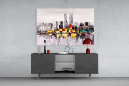 Palette Knife Twin Towers Skyline Glass Wall Art