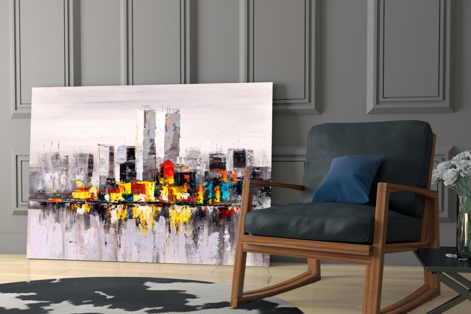 Palette Knife Twin Towers Skyline Glass Wall Art