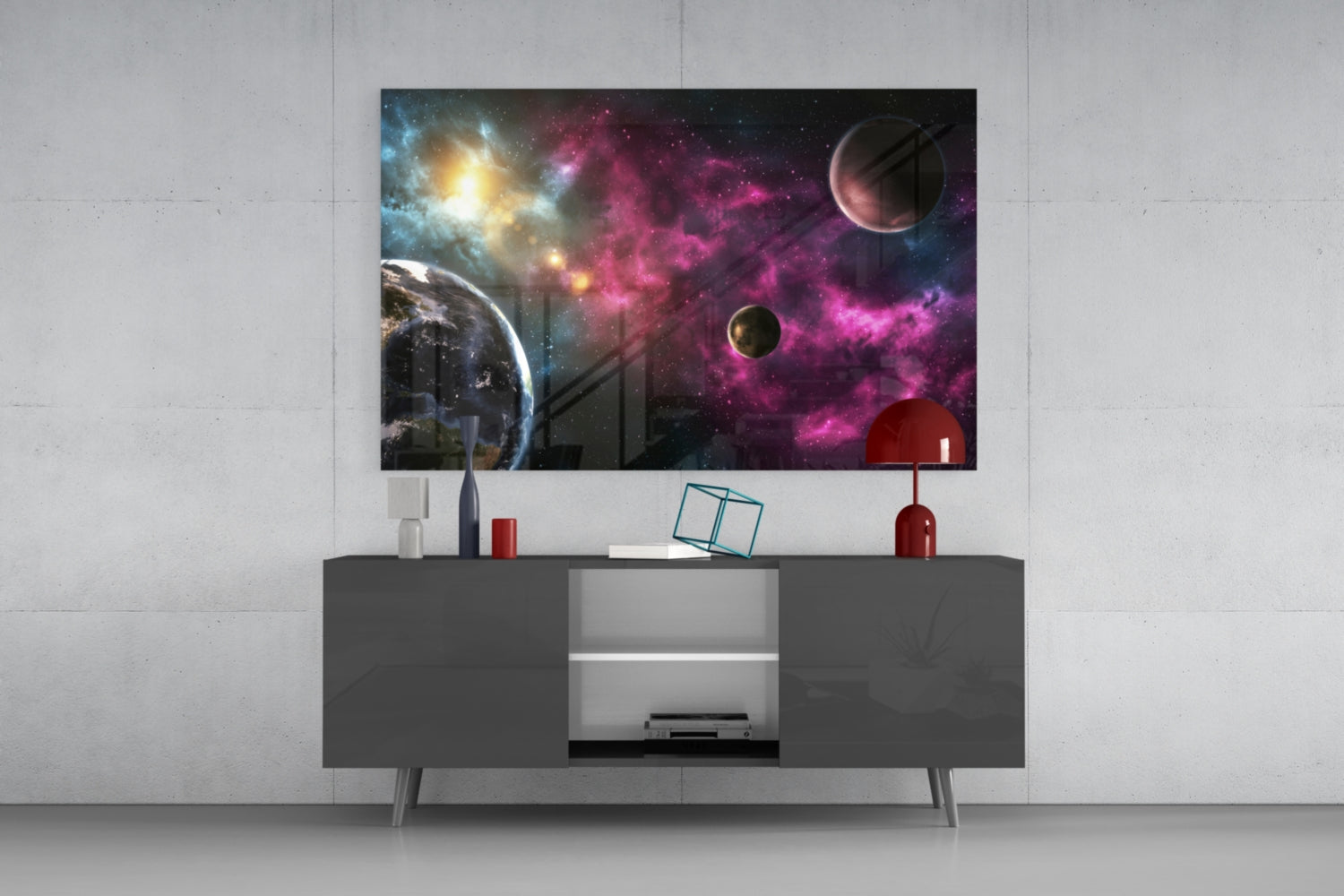 Pink Nebula Planets Glass Wall Art