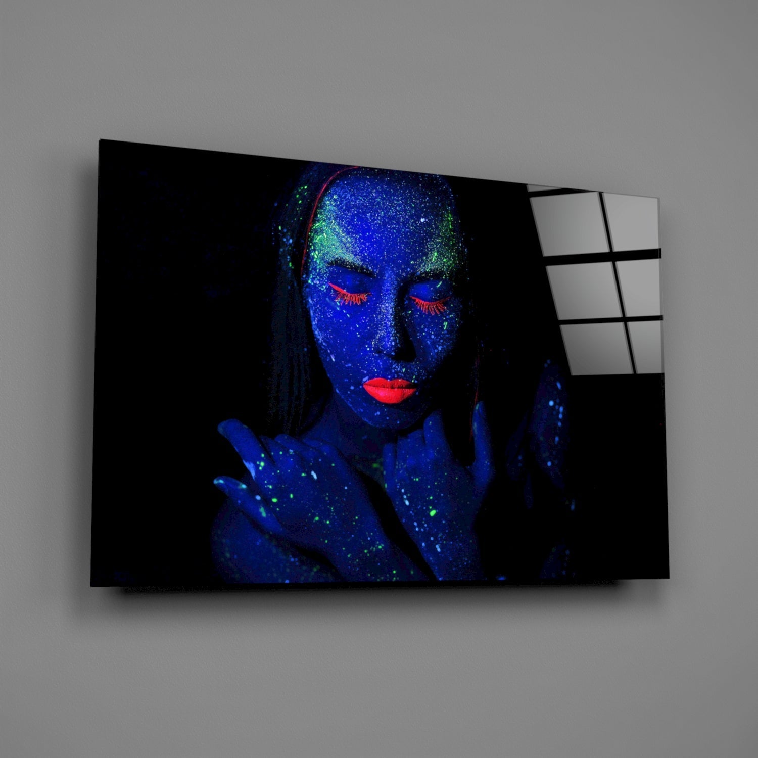 Blue UV Red Lips Woman Glass Wall Art
