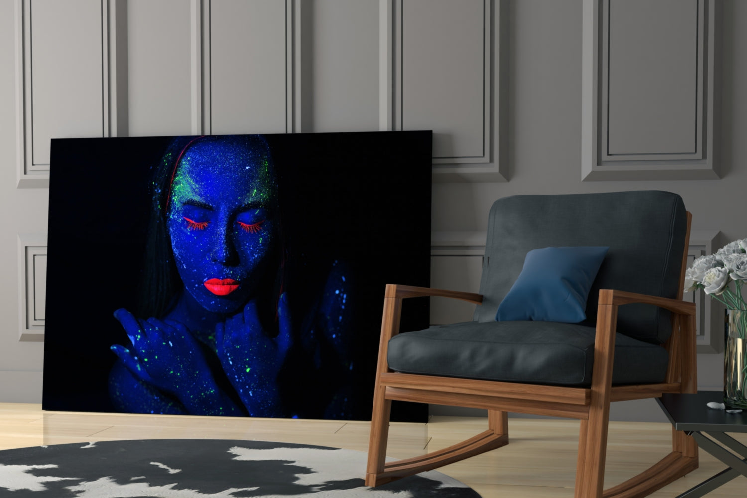 Blue UV Red Lips Woman Glass Wall Art