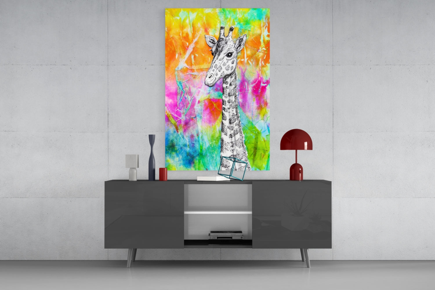 Sketch Giraffe Rainbow Watercolor Glass Wall Art