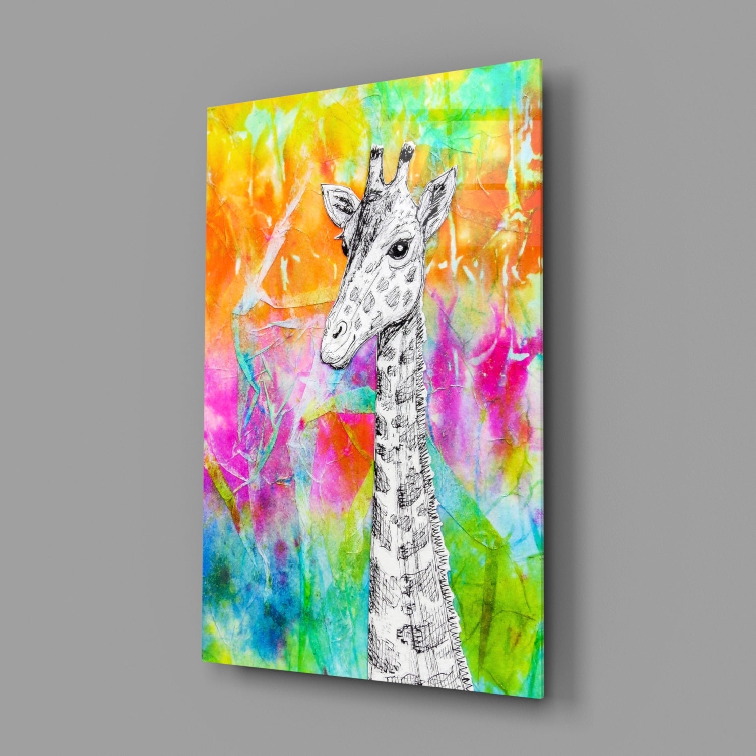 Sketch Giraffe Rainbow Watercolor Glass Wall Art