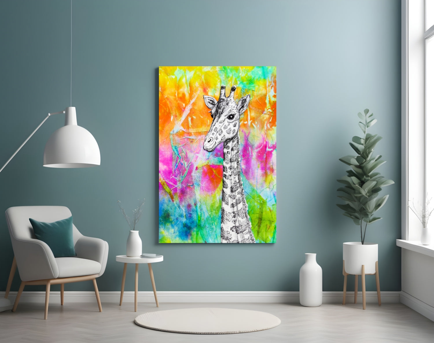 Sketch Giraffe Rainbow Watercolor Glass Wall Art