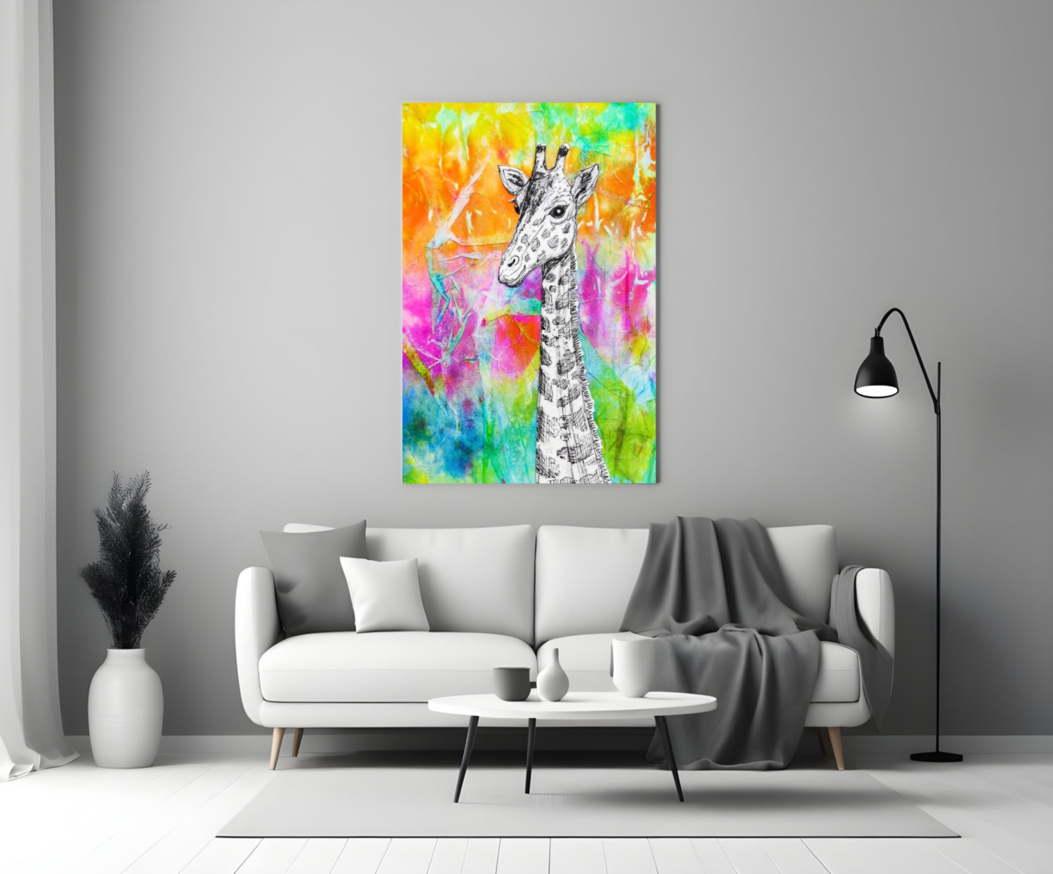 Sketch Giraffe Rainbow Watercolor Glass Wall Art